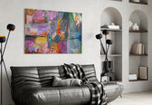 Abstract panel anchoring a studio with expressive color