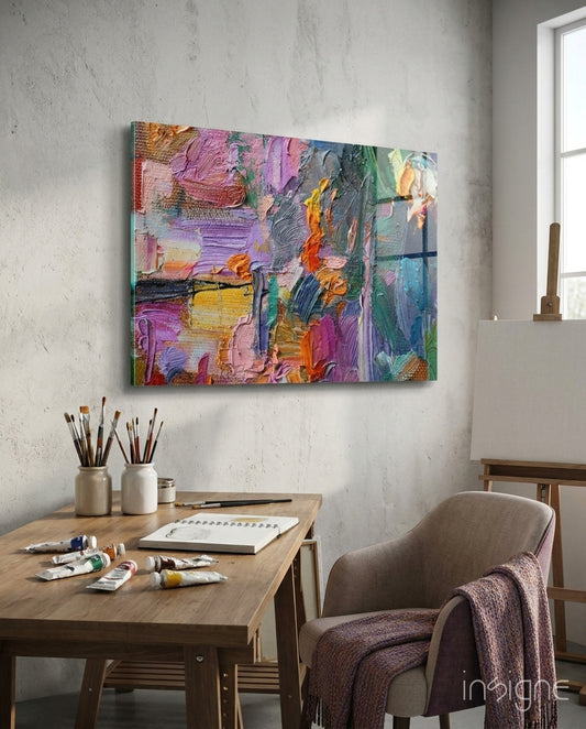 Abstract impasto glass wall art displayed above a console in a designer interior