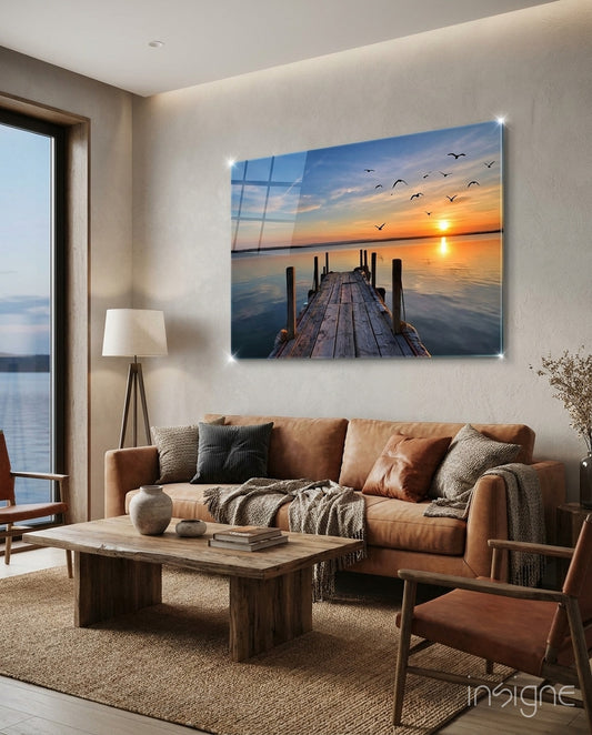 Dock fiery sunset glass wall art displayed above a console in a designer interior