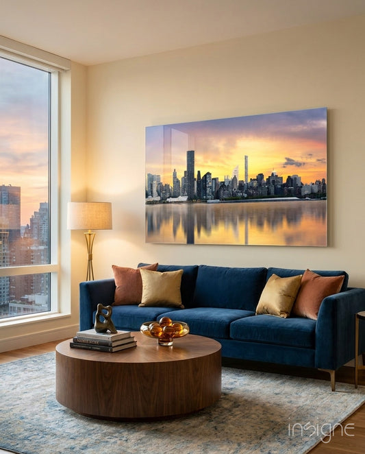 Downtown Manhattan glass wall art displayed above a console in a designer interior