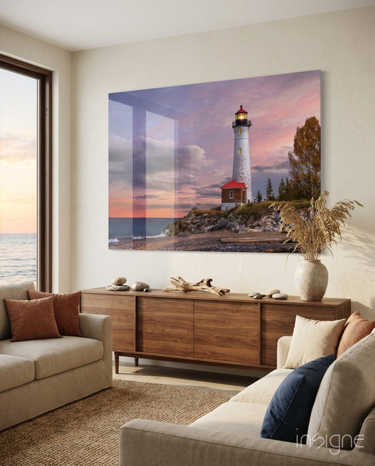 Lighthouse glass wall art displayed above a console in a designer interior
