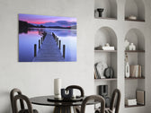 Dock glass print enhancing a hallway with twilight warmth