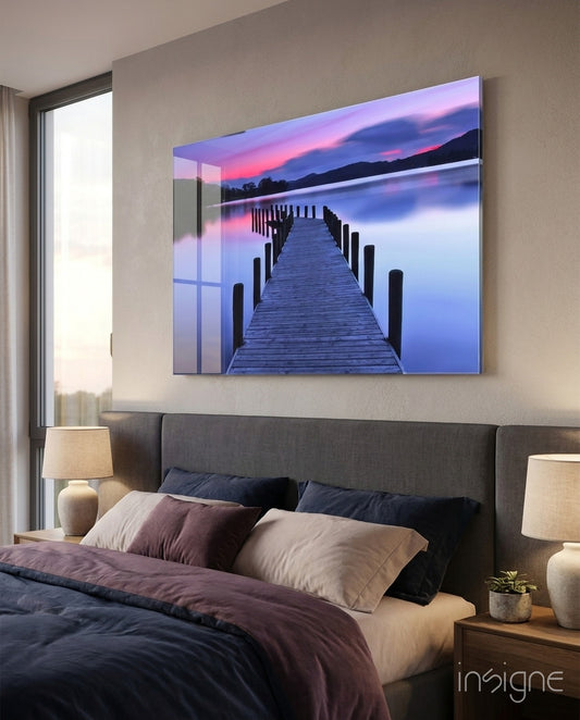 Dock twilight glass wall art displayed above a console in a designer interior