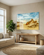 Beach glass wall art displayed above a console in a designer interior