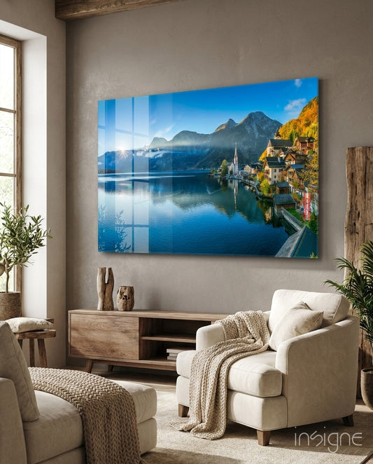 Lake Hallstatt glass wall art displayed above a console in a designer interior