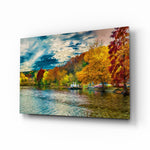 Autumn lake panel bringing seasonal warmth to a contemporary living space