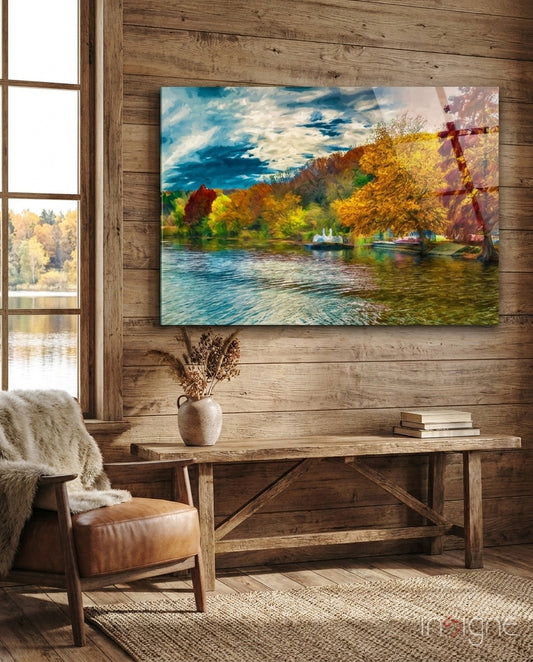 Lake autumn glass wall art displayed above a console in a designer interior