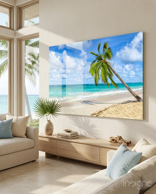 Holiday palm glass wall art displayed above a console in a designer interior