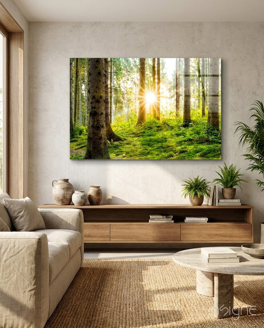 Forest glass wall art displayed above a console in a designer interior