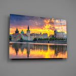 Close-up detail of Prague's spires silhouetted against a fiery sunset