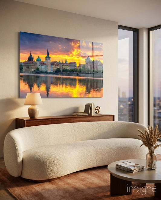 Prague sunset glass wall art displayed above a console in a designer interior