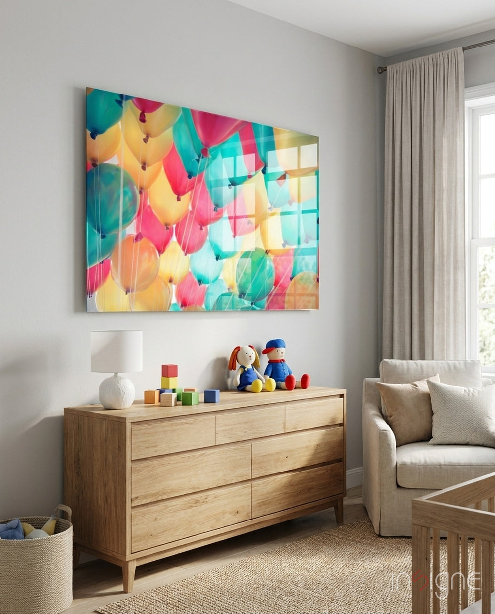 Balloons glass wall art displayed above a console in a designer interior