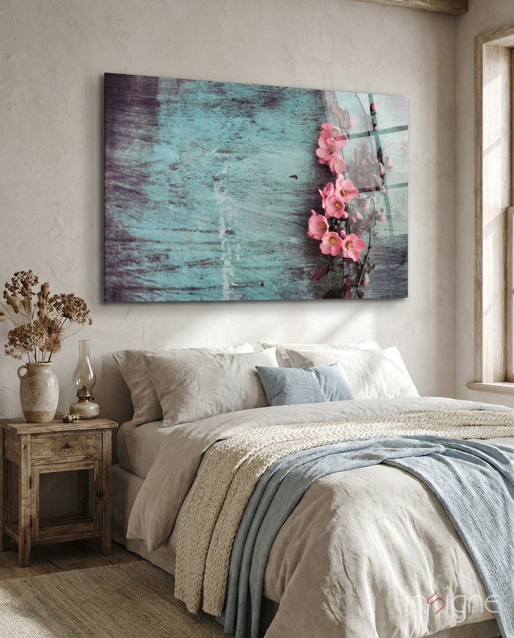Pastel Flower glass wall art displayed above a console in a designer interior