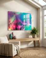 Dandelion rainbow glass wall art displayed above a console in a designer interior