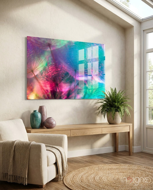 Dandelion rainbow glass wall art displayed above a console in a designer interior