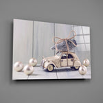 Close-up detail of the toy car with Christmas tree and pearl ornaments