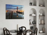 Lighthouse glass print enhancing a hallway with coastal geometry