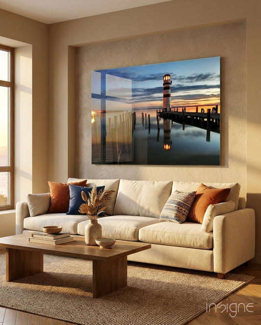 Lighthouse pier glass wall art displayed above a console in a designer interior