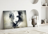 Woman Portrait glass wall art styled above a vanity in a dressing area