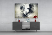 Fine art watercolor painting – dramatic black and white portrait of young woman, loose ink brushwork and splatter on aged textured background