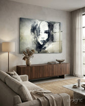 Woman Portrait glass wall art displayed above a console in a designer interior