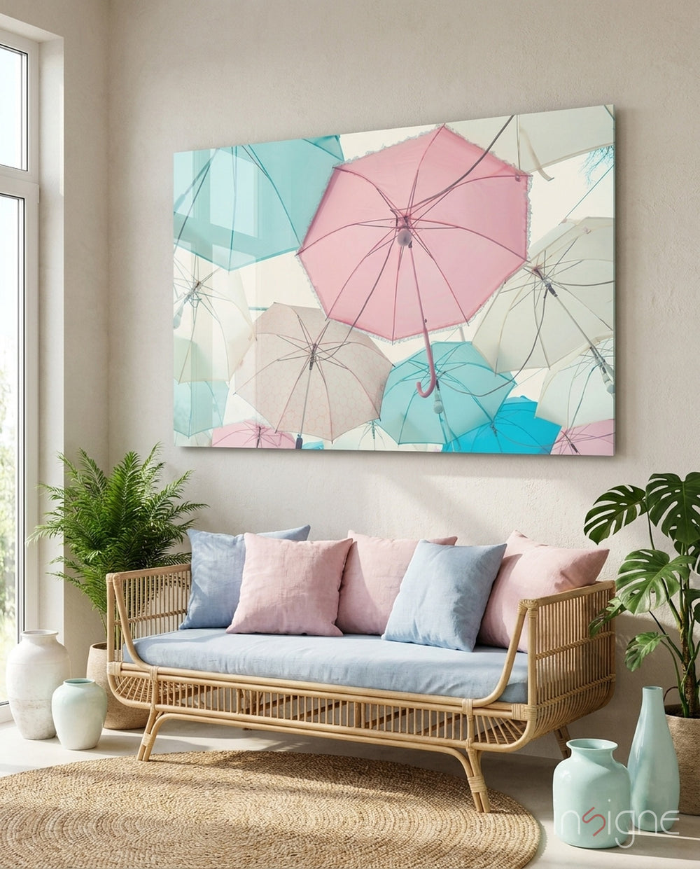 Umbrellas pastel glass wall art displayed above a console in a designer interior