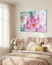 Flower peony glass wall art displayed above a console in a designer interior
