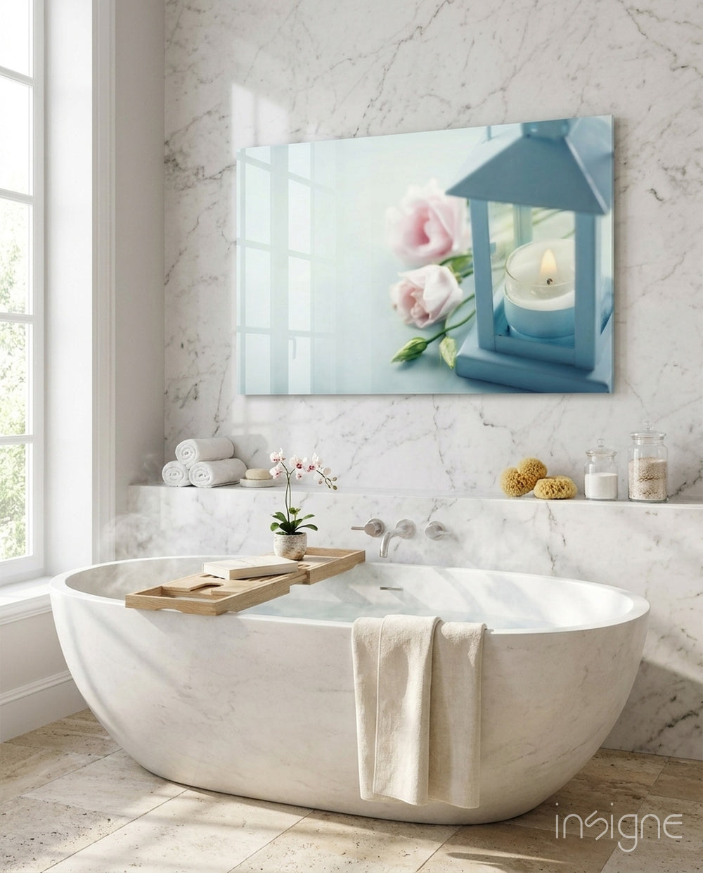 Candle and Rose glass wall art displayed above a console in a designer interior
