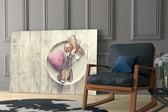 Heart artwork anchoring a kitchen with vintage character