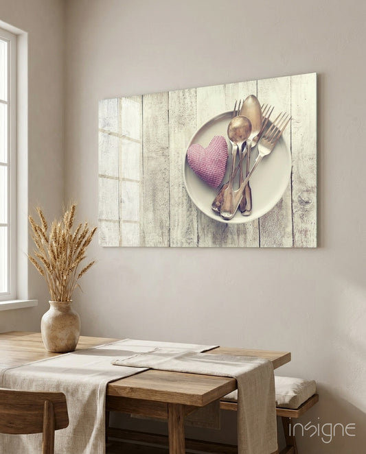 Heart rustic glass wall art displayed above a console in a designer interior