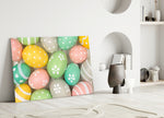 Eggs glass wall art styled above a kitchen counter