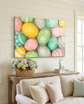 Eggs Easter glass wall art displayed above a console in a designer interior