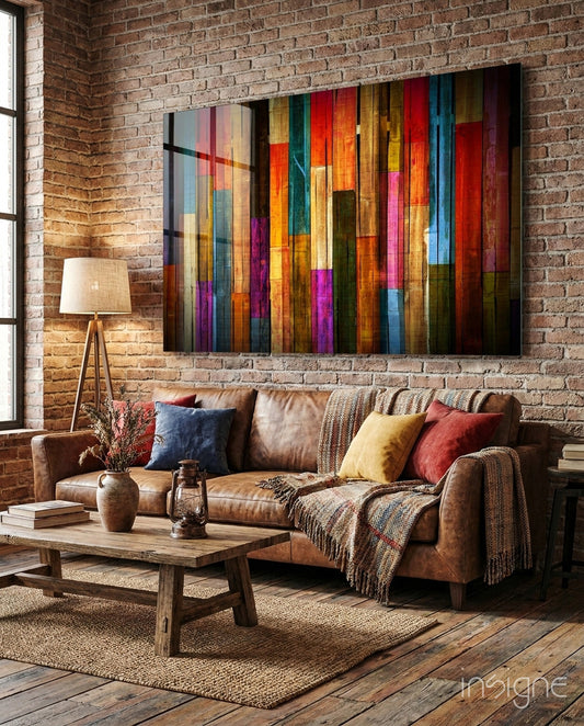 Painted Wood bohemian glass wall art displayed above a console in a designer interior