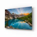Lake Moraine glass wall art displayed above a console in a designer interior