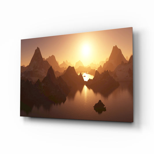 Mountain fantasy glass wall art displayed above a console in a designer interior