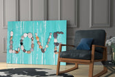 Love glass print enhancing a beach-house kitchen