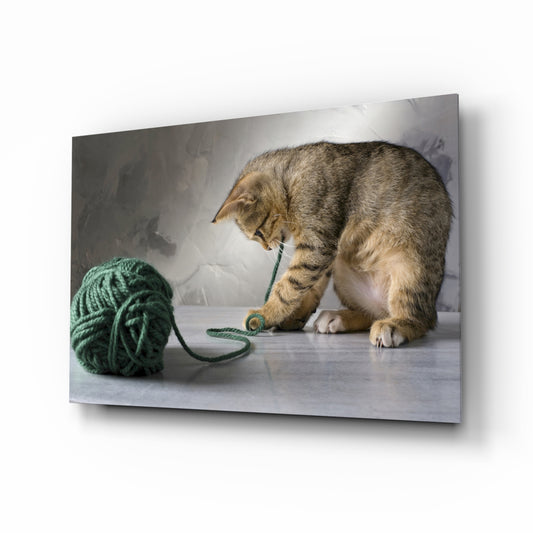 Cat kitten glass wall art displayed above a console in a designer interior