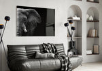 Elephant glass wall art styled above a sofa in a bold living room
