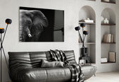 Elephant glass wall art styled above a sofa in a bold living room
