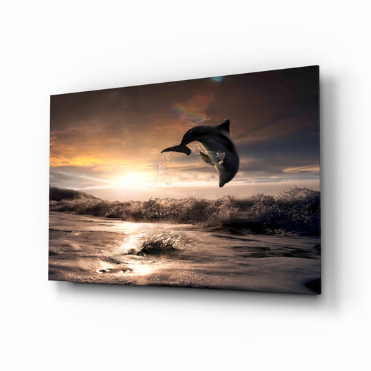 Dolphin glass wall art displayed above a console in a designer interior