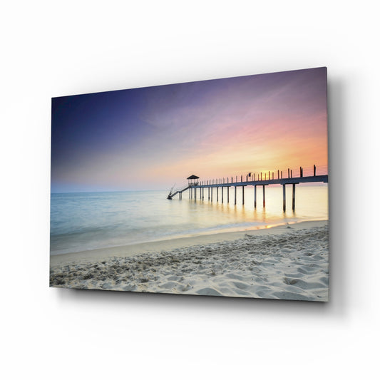 Dock tropical glass wall art displayed above a console in a designer interior