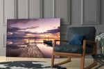 Dock glass print adding mirrored sunset to a hallway