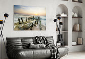 Dock glass wall art styled above a bed in a poetic bedroom