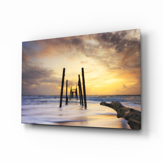Destroyed Dock glass wall art displayed above a console in a designer interior