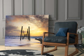 Destroyed Dock glass print enhancing a hallway with sunset mood