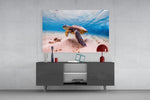 Sea Turtle panel catching soft light to reveal its turquoise depth