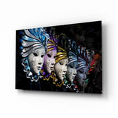 Venetian Carnival Masks glass wall art displayed above a console in a designer interior
