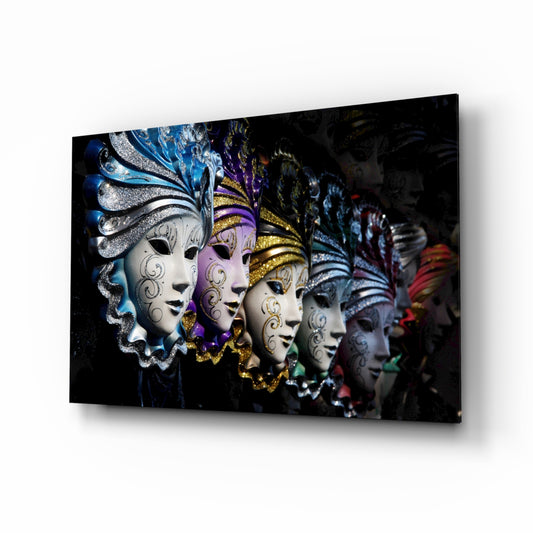 Venetian Carnival Masks glass wall art displayed above a console in a designer interior