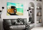 Vosvos Minibus glass wall art styled in a surf-shack living room