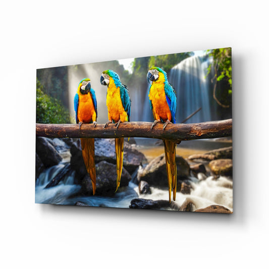 Parrots glass wall art displayed above a console in a designer interior